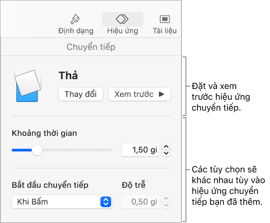 Các điều khiển Chuyển tiếp trong phần Chuyển tiếp của thanh bên.