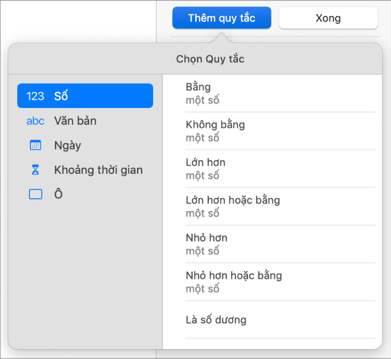 Các điều khiển để cài đặt tô sáng có điều kiện.