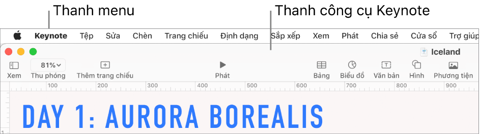 Thanh menu ở đầu màn hình với các menu Apple, Keynote, Tệp, Sửa, Chèn, Định dạng, Sắp xếp, Xem, Phát, Chia sẻ, Cửa sổ và Trợ giúp. Bên dưới thanh menu là một bài thuyết trình Keynote được mở với các nút thanh công cụ ngang qua cạnh trên cho Xem, Thu phóng, Thêm trang chiếu, Phát, Bảng, Biểu đồ, Văn bản, Hình và Phương tiện.