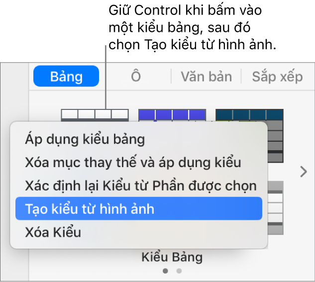 Menu phím tắt kiểu bảng.