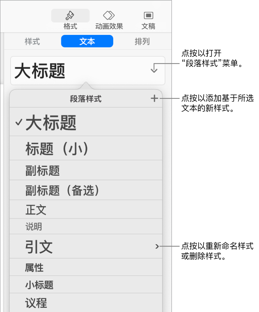 “段落样式”菜单，显示用于添加或更改样式的控制。