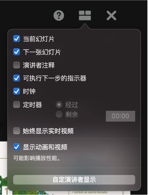 演讲者显示选项，包括“当前幻灯片”、“下一张幻灯片”、“演讲者注释”、“可执行下一步的指示器”、“时钟”和“定时器”。定时器还有用于显示经过时间或剩余时间的附加选项。