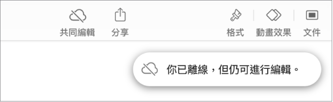 螢幕最上方的按鈕,其中「共同編輯」按鈕已變成被對角線劃過的雲朵圖像。螢幕上的警示顯示「你已離線,但仍可進行編輯。」