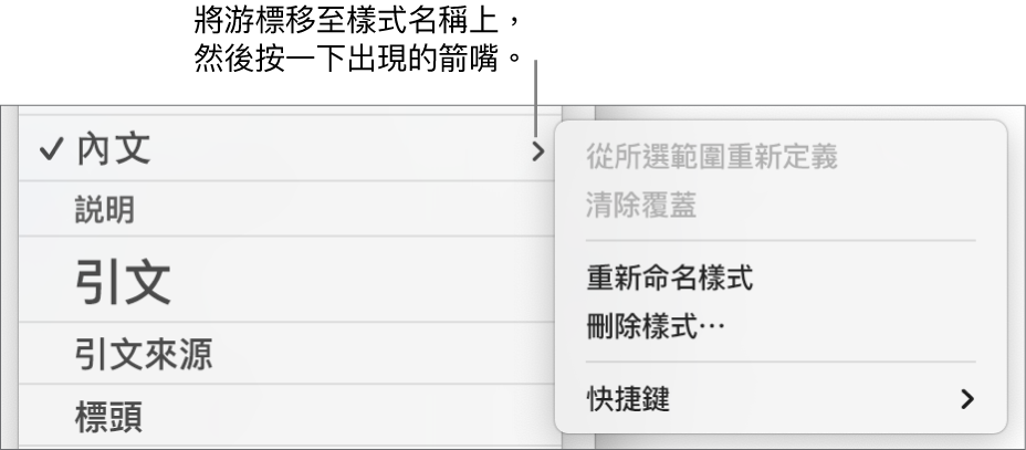 已開啟快捷鍵選單的「段落樣式」選單。