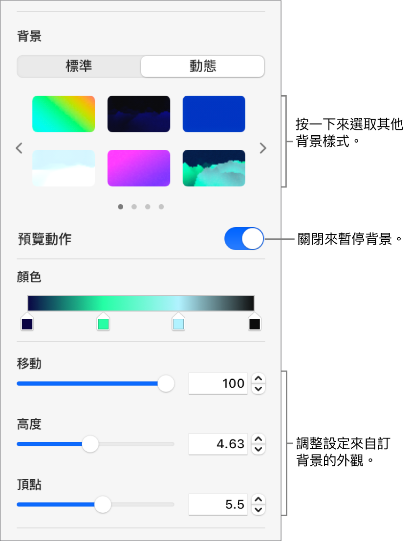 在「格式」側邊欄中的「背景」部份中，已選擇「動態」按鈕，並顯示動態背景樣式、動作預覽控制項目，以及外觀控制項目。