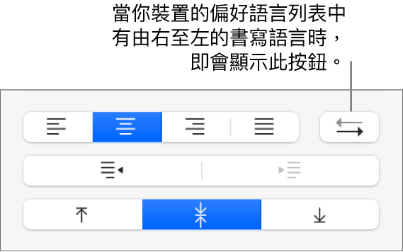 「格式」側邊欄「對齊方式」區域中的「段落方向」按鈕。