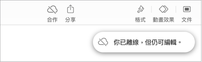 螢幕最上方的按鈕,「合作」按鈕變更為帶有對角線穿過的雲狀。螢幕上的提示顯示「你已離線,但仍可編輯」。