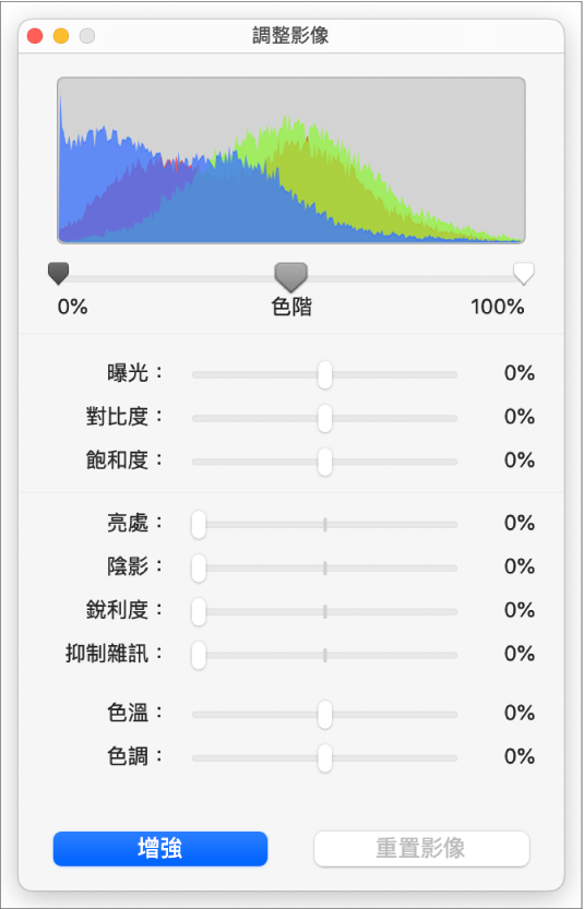 具有設定曝光度、對比度、飽合度、亮處、陰影、銳利度、抑制雜訊、色溫及色調滑桿的「影像調整器」視窗。