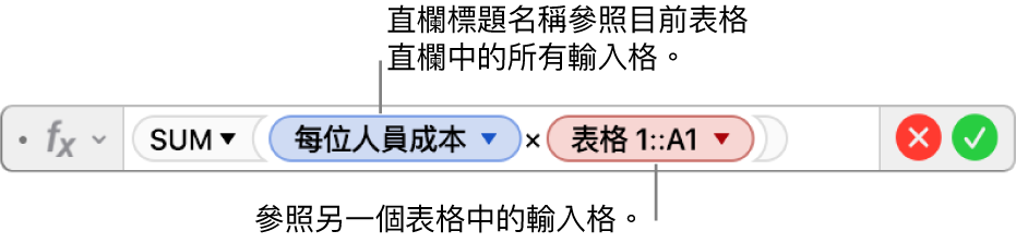 「公式編輯器」帶有一個三角形,按一下可以打開選項來保留橫列和直欄的參照。