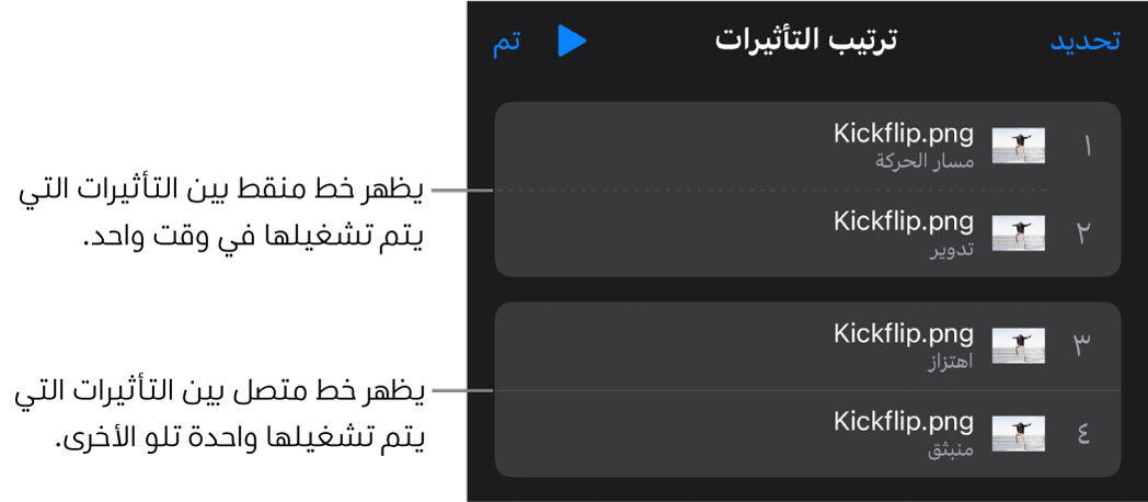 قائمة ترتيب التأثيرات، مع ظهور خط منقط بين التأثيرات التي يتم تشغيلها في وقت واحد وخط متصل بين التأثيرات التي يتم تشغيلها واحدة تلو الأخرى.