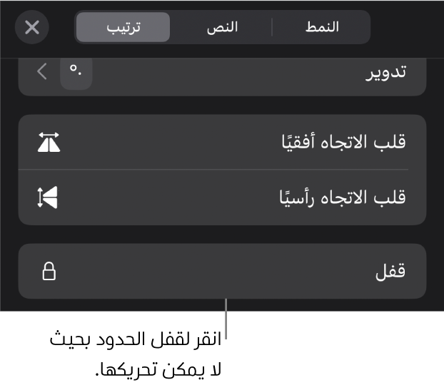 عناصر التحكم في الترتيب في قائمة التنسيق مع وضع وسيلة شرح على زر القفل.