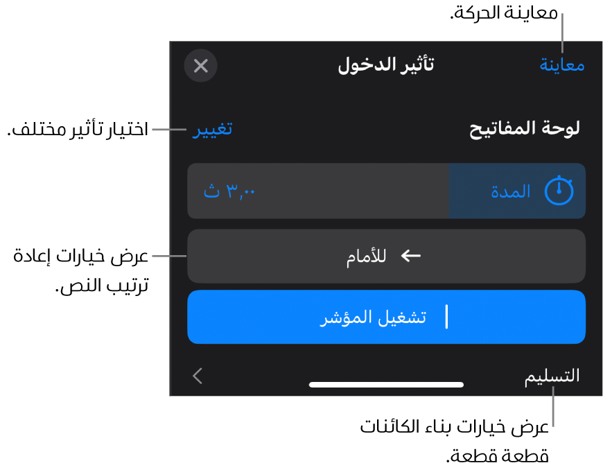 خيارات التأثير تتضمن المدة وحركة النص والتسليم. اضغط على تغيير لاختيار تأثير مختلف، أو اضغط على معاينة لمعاينة التأثير.