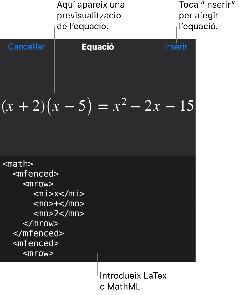 El quadre de diàleg Equació amb una equació escrita amb les ordres MathML i una previsualització de la fórmula al damunt.