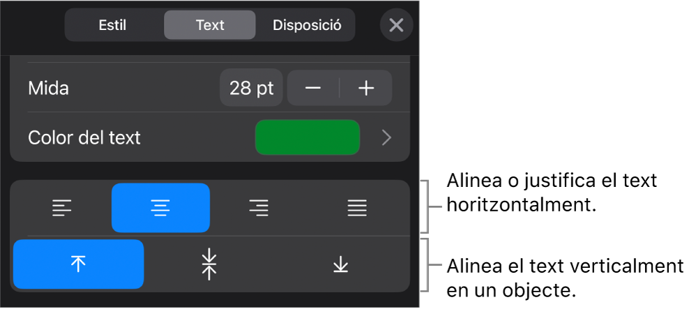Secció Alineació del botó Format amb llegendes per als botons d’alineació de text.