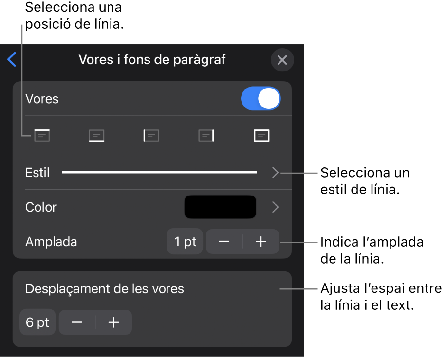 Controls per canviar l’estil, el gruix, la posició i el color de la línia.
