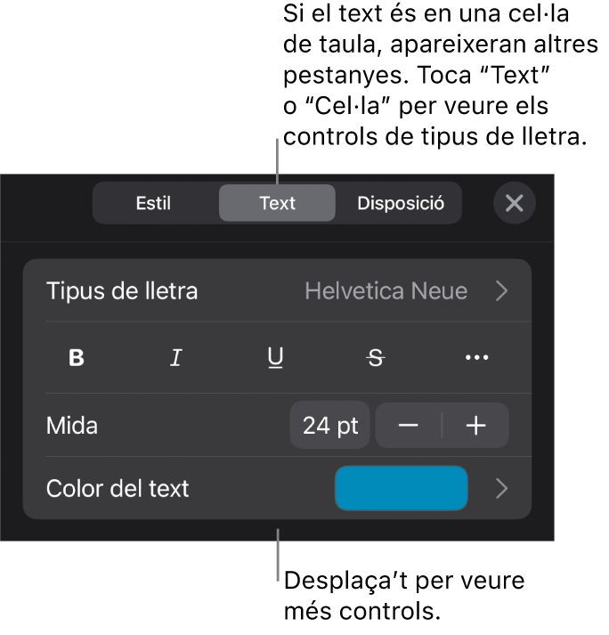 Controls de text al menú Format per definir els estils de paràgraf i de caràcter, el tipus de lletra, la mida i el color.