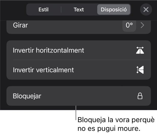 Els controls de disposició al menú “Format” amb el botó “Bloqueja” ressaltat.