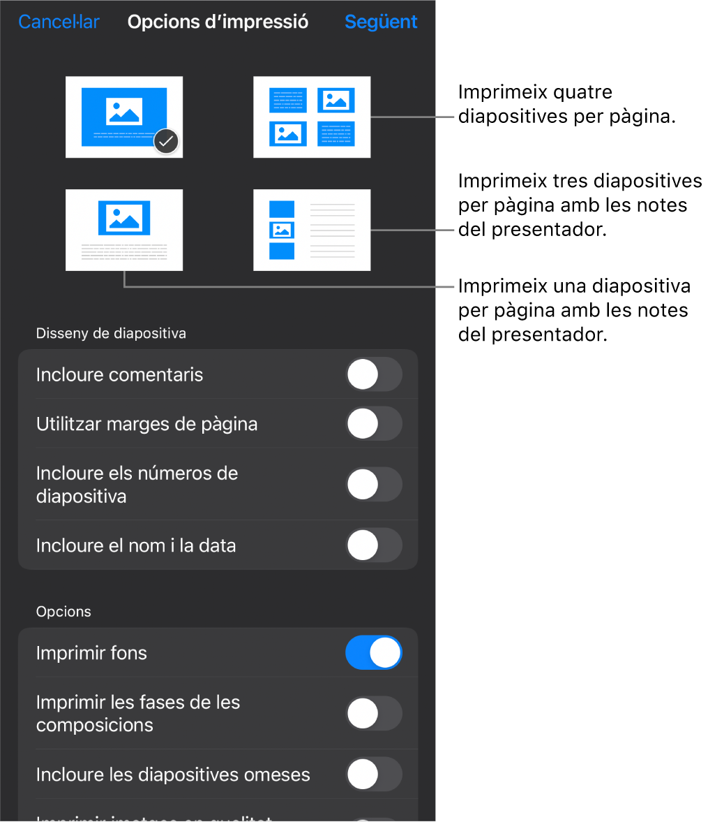 Opcions de disseny d’impressió.