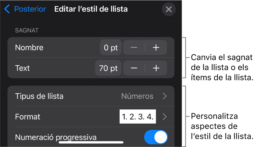 Menú “Edita l’estil de llista” amb controls per editar el tipus i l’aspecte de la llista.