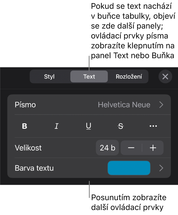 Ovládací prvky pro text v nabídce Formát pro nastavení stylů, písma, velikosti a barvy odstavce a znaků