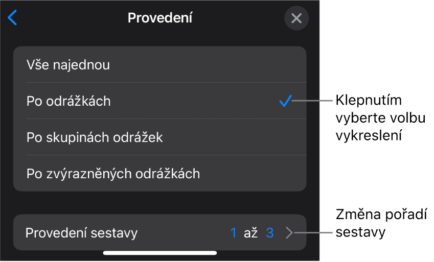 Možnosti provedení na panelu Začátek