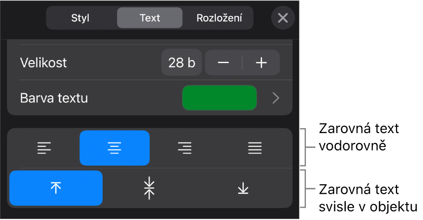 Oddíl Zarovnání v inspektoru formátování s popisky tlačítek zarovnání textu