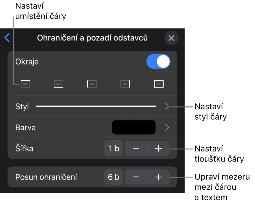 Ovládací prvky pro změnu stylu čáry, její tloušťky, umístění a barvy