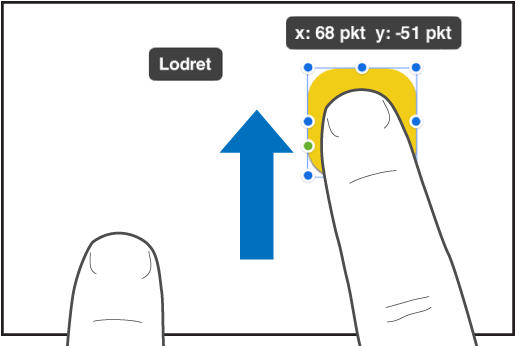 En finger, der vælger et objekt, og en anden finger, der skubber mod toppen af skærmen.