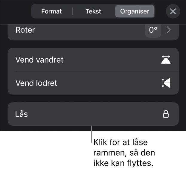 Betjeningsmulighederne under Arranger på menuen Format med knappen Lås fremhævet.