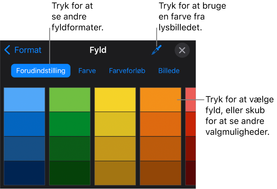 Udfyldningsmuligheder på fanen Format.