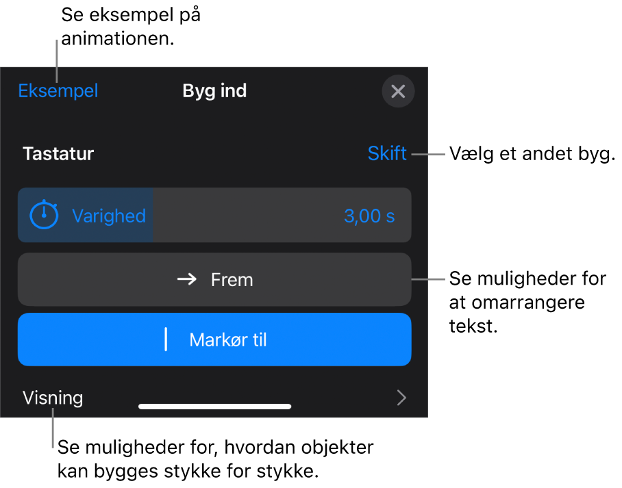 Mulighederne til Byg omfatter Varighed, Tekstanimation og Visning. Tryk på Skift for at vælge et andet byg, eller tryk på Eksempel for at se et eksempel på bygget.