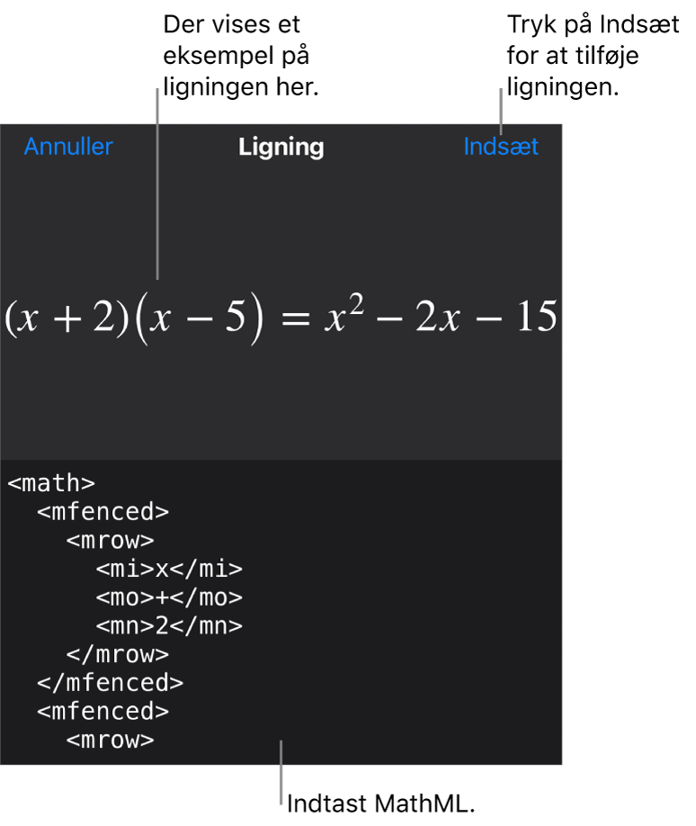 Dialogen Ligning, der viser ligningen skrevet ved hjælp af MathML-kommandoer og derover et eksempel på formlen.