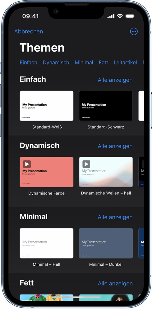  Die Themenauswahl zeigt oben eine Zeile mit Kategorien, auf die du tippen kannst, um die Optionen zu filtern. Darunter sind Miniaturen der vordefinierten Themen in Zeilen nach Kategorie sortiert.