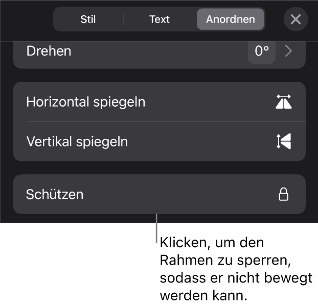 Die Steuerelemente „Anordnen“ im Menü „Format“ und die Taste „Schützen“ ist markiert