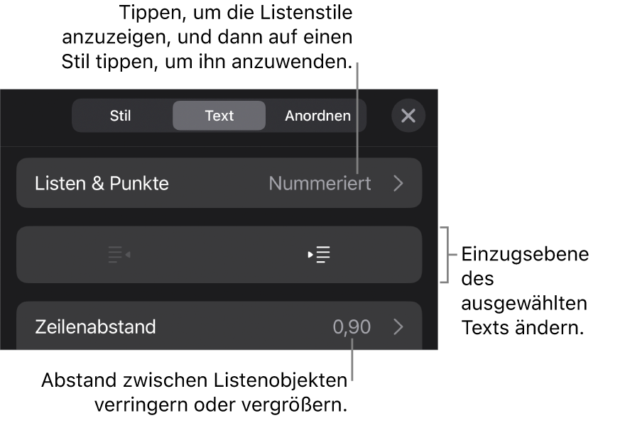 Der Abschnitt „Listen & Punkte“ der Formatsteuerungen mit Beschreibungen für „Listen & Punkte“, den Tasten „Einrücken“ und „Ausrücken“ und Steuerelemente für den Zeilenabstand