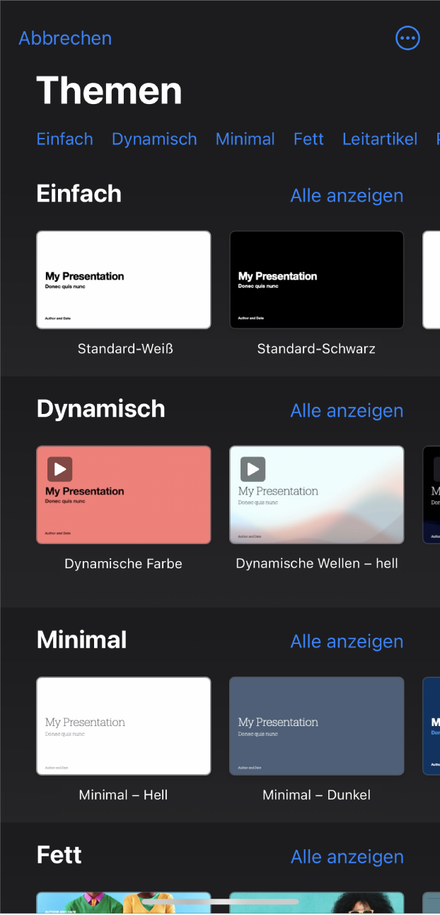 Die Themenauswahl zeigt oben eine Zeile mit Kategorien, auf die du tippen kannst, um die Optionen zu filtern. Über die Taste „Mehr“ oben rechts kannst du das Standard- oder Querformat auswählen und die Formatierung für eine bestimmte Sprache oder Region festlegen. Darunter sind Miniaturen der vordefinierten Themen in Zeilen nach Kategorie sortiert. Die Taste „Alle anzeigen“ erscheint darüber und rechts neben jeder Kategoriezeile.