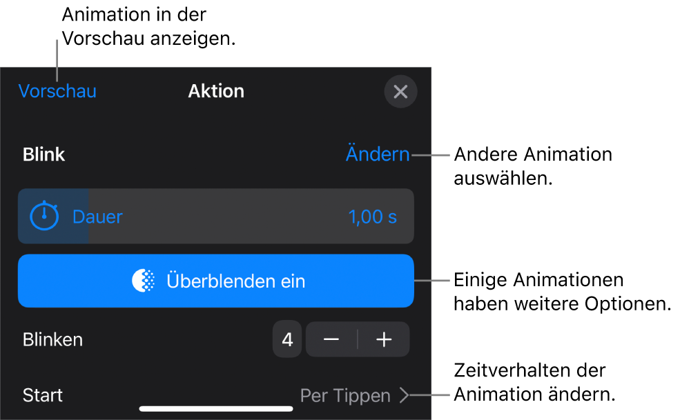 Animationsoptionen wie „Dauer“ und „Start“. Tippe auf „Ändern“, um eine andere Animation zu wählen, oder tippe auf „Vorschau“, um eine Vorschau der Animation anzuzeigen.