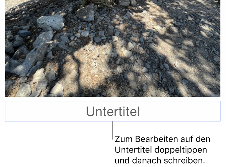 Der Platzhalter-Untertitel „Untertitel“ erscheint unter einem Foto, ein blauer Rahmen um das Untertitelfeld gibt an, dass es ausgewählt ist.