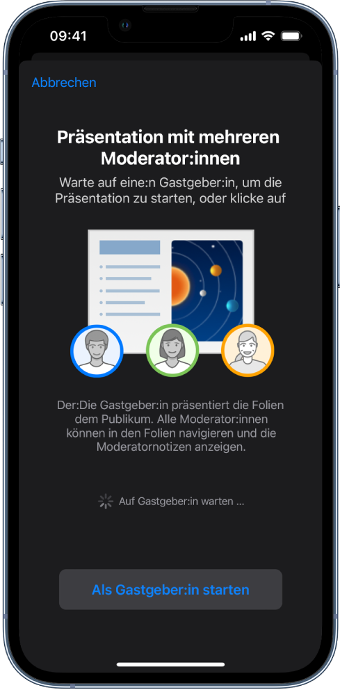 Ein Fenster, indem Präsentationen mit mehreren Moderatoren vorgestellt werden, unten befindet sich die Taste „Als Gastgeber starten“.