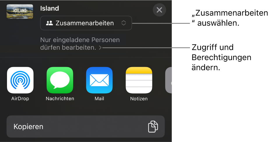 Im Menü „Teilen“ ist „Zusammenarbeiten“ oben ausgewählt und die Einstellungen für Zugriff und Berechtigungen befinden sich darunter.