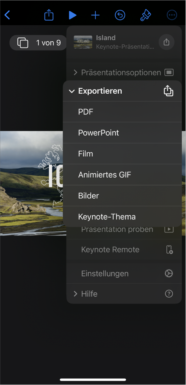 Die App „Keynote“ mit den geöffneten Funktionen „Exportieren“ im Menü „Mehr“ in der Symbolleiste.