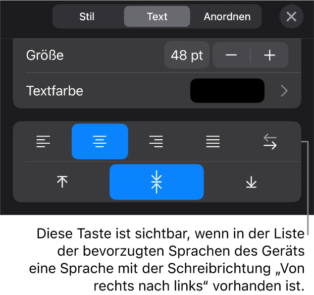 Die Textsteuerelemente im Menü „Format“ mit einer Beschreibung der Taste „Von rechts nach links“