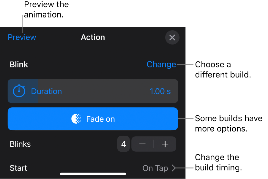 Build options include Duration and Start timing. Tap Change to choose a different build or tap Preview to preview the build.