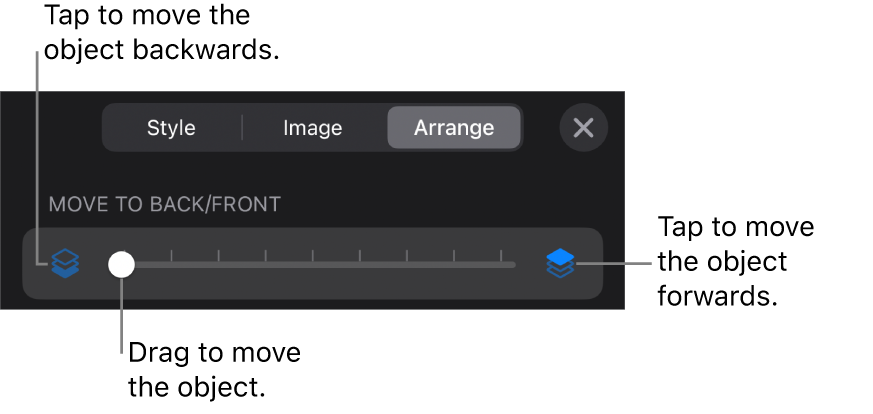 The Move Backward button, the Move Forward button and the layering slider.