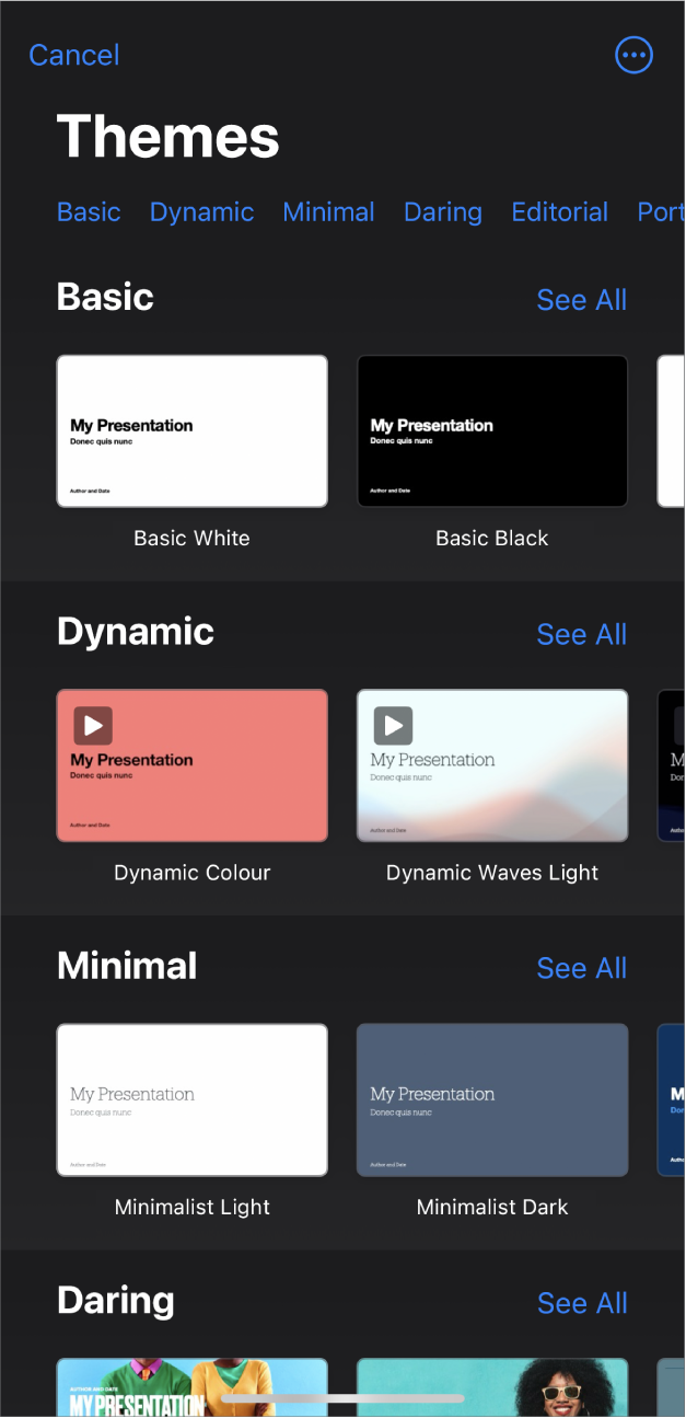 The theme chooser, showing a row of categories across the top that you can tap to filter the options. Below are thumbnails of pre-designed themes arranged in rows by category, starting with Basic at the top and followed by Minimal and Bold. A See All button appears above and to the right of each category row. The Cancel button is in the top-left corner.