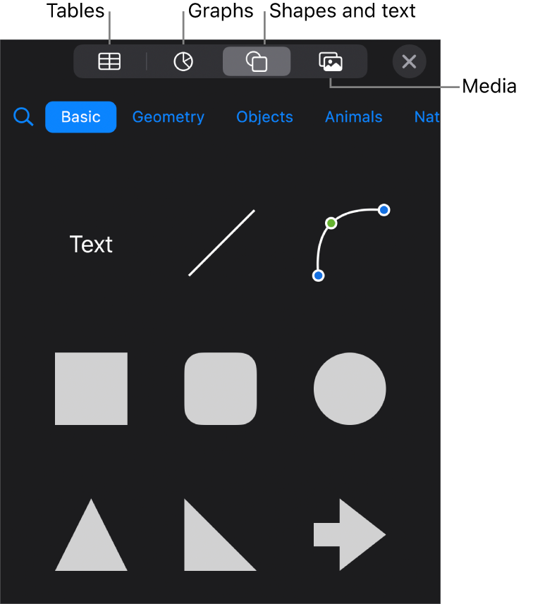 The controls for adding an object, with buttons at the top to select tables, graphs, shapes (including lines and text boxes), and media.