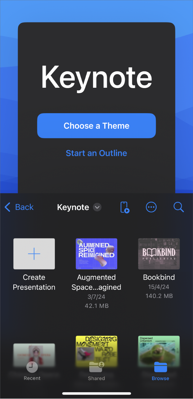 The Keynote document manager with buttons to create a slide show from a theme or an outline at the top of the screen, and controls to open saved presentations at the bottom.