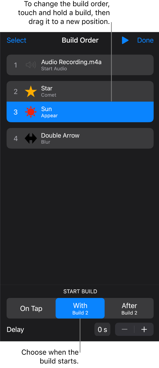 The Build Order list showing build-in effects with yellow badges and build-out effects with grey badges.