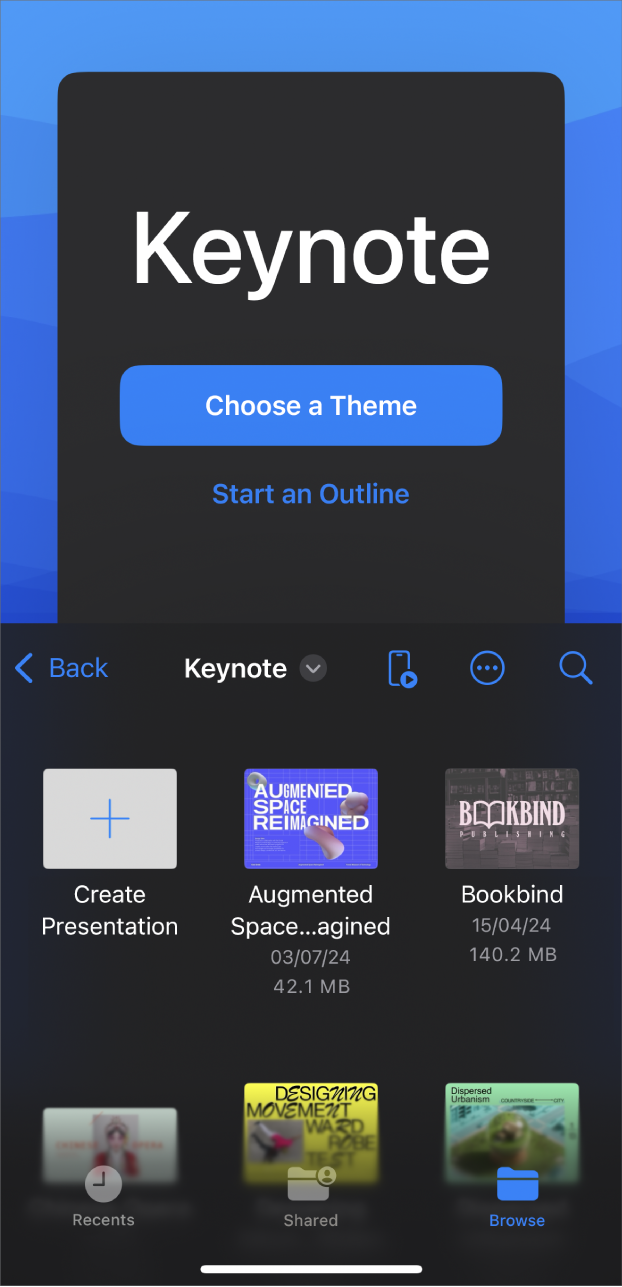 The Keynote document manager with buttons to create a slideshow from a theme or an outline at the top of the screen, and controls to open saved presentations at the bottom.