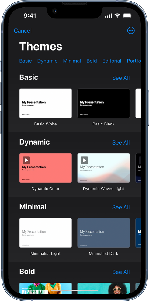  The theme chooser, showing a row of categories across the top that you can tap to filter the options. Below are thumbnails of predesigned themes arranged in rows by category.